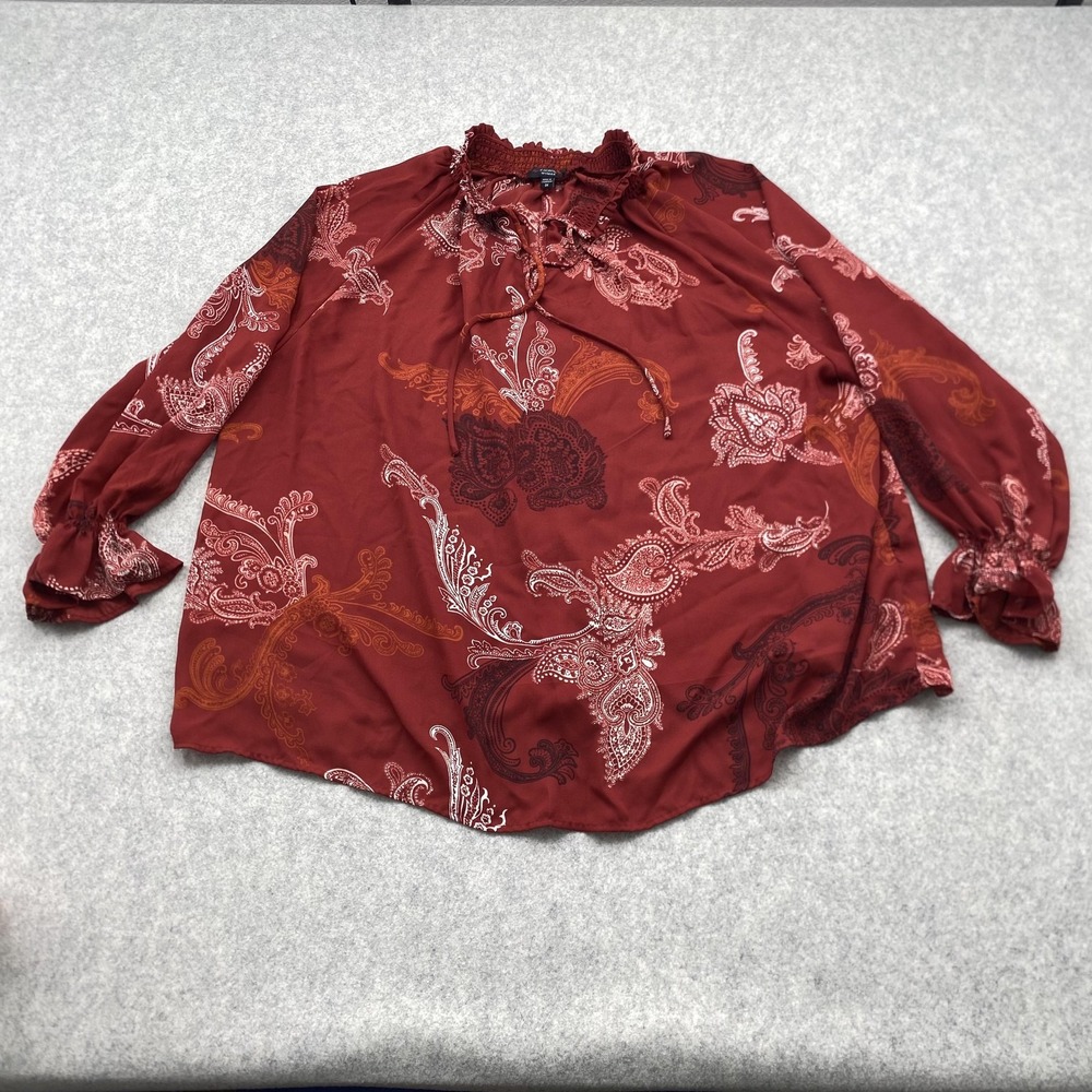 Cocomo Woman Blouse Womens 3X Plus Red Paisley Ruffle Long Sleeve Tunic Top